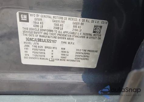 2018 Chevrolet Trax Lt из США, поврежденный, VIN 3GNCJLSB3JL322167